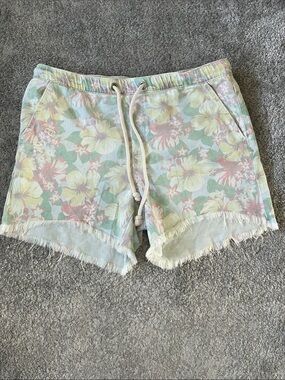 EC Aerie Drawstring Denim Shorts with Floral Print - Size Large